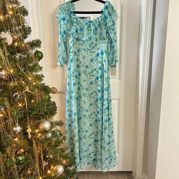 Mikael Aghal Dresses & Skirts - 103 NWT Mikael Aghal Long Sleeve Floral Maxi Dress Size 6 Color Blue Green